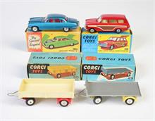 Corgi Toys, Lorry Anhänger, Platform Trailer, Ford Cortina Kombi + Jaguar Mark X Limousine mit Koffer