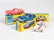 Corgi Toys, Lancia Fulvia Sport Zagato, Volvo P 1800 + Ford Mustang Competition Model