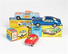 Corgi Toys, Heinkel Kabinenroller, Ford Mustang Flower Power + Oldsmobile Toronado