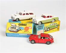 Corgi Toys, Ford Zephyr Motorway Patrol, Bentley Continental Sports Saloon + MGB GT