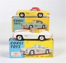 Corgi Toys, Mercedes Benz 300 SL Coupe, gelb/rot + Mercedes Benz 300 SL, weiß + innen gelb