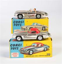 Corgi Toys, Mercedes Benz 300 SL Coupe, silber/rot + Mercedes Benz 300 offen, silber mit Fahrer