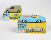 Corgi Toys, Mercedes Benz 300 offen, mit Fahrer + Austin Mini Van