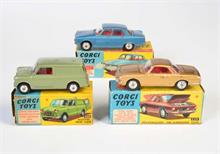 Corgi Toys, Rover 2000 Limousine, Austin Mini + VW Karmann Ghia Coupe