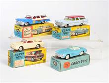 Corgi Toys, Playmouth US Mail, Playmouth Kombi, VW Karmann Ghia Coupe + Mercedes Benz 300