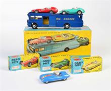 Corgi Toys, Ecurie Set mit 3 Rennwagen (ältere Modelle), dunkelblau mit gelben Buchstaben