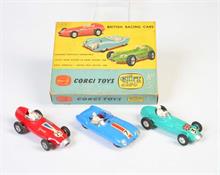 Corgi Toys, British Racing Cars (alle mit gleichen Felgen + in Styropor Blister)