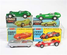 Corgi Toys, Lotus Mark Eleven, Ferrari Grand Prix, Vanvall Racing Car + BRM Formel 1