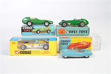 Corgi Toys, Cooper Maserati Formel 1, Vanvall Racing Car, Lotus Mark Eleven + BRM Formel 1