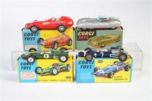 Corgi Toys, Lotus Climax Formel 1, Cooper Maserati, Lotus MK Eleven + Vanvall Racing Car