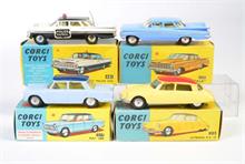 Corgi Toys, Citroen DS 19, Fiat 1800, Chevrolet Police Car + Chevrolet Impala