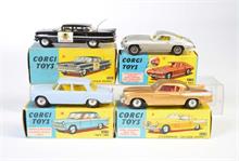 Corgi Toys, Chevrolet State Patrol, Chevrolet Corvette Sting Ray, Studebaker Golden Hawk + Fiat 1800
