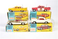 Corgi Toys, Chevrolet NY Taxi, Chevrolet Fire Chief, Mercedes 220 SE + Studebaker Golden Hawk