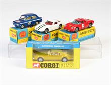 Corgi Toys, Hillman Imperial, Volvo Marcos 1800 GT, Ferrari Berlinetta + Oldsmobile Toronado