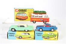 Corgi Toys, Holiday Camp Special Commer Bus, Ford Thunderbird + Renault Floride