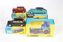 Corgi Toys, Mercedes Unimog Kipper, Morris Mini Minor, Austin Taxi + Citroen DS 19