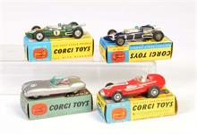 Corgi Toys, Lotus Climax Formel 1, Cooper Maserati, Lotus MK Eleven + Vanvall Racing Car