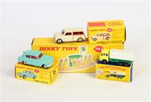 Dinky Toys: Tankstelle, Ford Anglia, Morris Mini + Matchbox Tankwagen