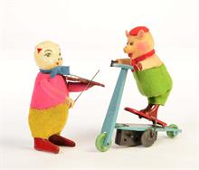 Schuco Kopie, Schweinchen auf Roller + Katze mit Geige