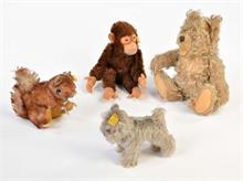 Steiff, Bär, Affe, Eichhörnchen + Hund
