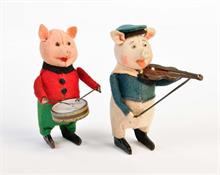 Schuco, Schwein mit Trommel + Schwein mit Geige