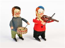 Schuco, Clown mit Trommel + Clown mit Geige