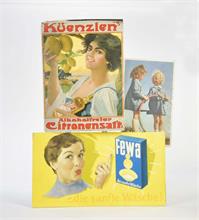 2 Werbeaufsteller + Plakat "Bleyle", "Fewa Wäsche" + "Kuenzlen's Citronensaft"
