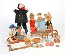 Großes Konvolut Handpuppen, Puppenmöbel + Holzpielzeug