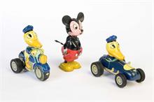 Linemar u.a., Mickey Mouse Figur + 2 Donald Autos