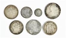 Frankreich, kl. Konvolut von Silbermünzen. 7 Stück