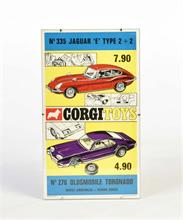 Corgi Toys, Originalplakat Jaguar E Type + Oldsmobile Toronado
