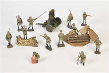 Elastolin, Lineol u.a., 12 Soldaten, 2 Unterstände + Geschütz