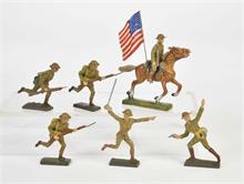 Lineol, 5 Kämpfende Soldaten, Reiter + Fahne USA