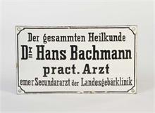 Emailleschild "Dr. Hans Bachmann, Landesgebärklinik"
