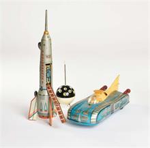 Konvolut Space Toys, Rakete, Fahrzeug + futuristischer Zigarettenhalter