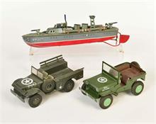 Konvolut Militärspielzeug, Schiff + 2 Jeeps