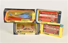 Corgi Toys, 2x Englischer Bus, Opel Senator + Helikopter