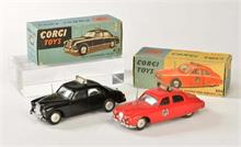 Corgi Toys, Riley Pathfinder Police Car + Jaguar Fire Service Car