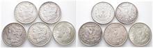 Vereinigte Staaten von Amerika (USA), Morgan Dollar 1880, 1885, 1896, 1900, 1921 (alle Philadelphia). 5 Stück