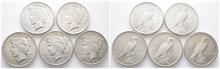 Vereinigte Staaten von Amerika (USA), Peace Dollar 1922, 1927 (2x) und 1934 (2x). Alle Denver. 5 Stück