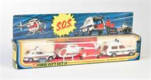 Corgi Toys, Gift Set 18, Police Cortina and Hughes 369 Helicopter - Range Rover Ambulance
