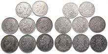 Belgien, Königreich, 5 Francs 1849, 1868, 1869 (3x), 1871, 1873 (2x)