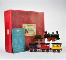 Bing, Eisenbahnpackung mit Uhrwerkslok, Tender + 3 Wagen