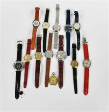 Dugena u.a., 12 Armbanduhren + 2 Taschenuhren