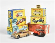 Corgi Toys, Husky, Matchbox + Tekno, Batboat, James Bond Aston Martin + diverse Originalkartons