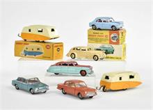 Dinky Toys, 7 Fahrzeuge + Caravan (Chrysler, Morris u.a.)
