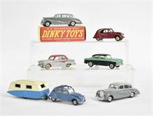 Dinky Toys, 6 Fahrzeuge + Caravan (Citroen, Rolls Royce u.a.)