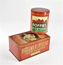 2 Blechdosen "Koffies Hostens Roeselare" + "Brouwer & Piller"