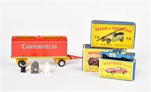 Matchbox, Konvolut 4 Fahrzeuge + Corgi Toys Chipperfield Tierkäfigwagen