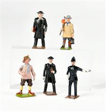 Britains, 5 Figuren (Policeman, Pastor, Village Idiot u.a.)
